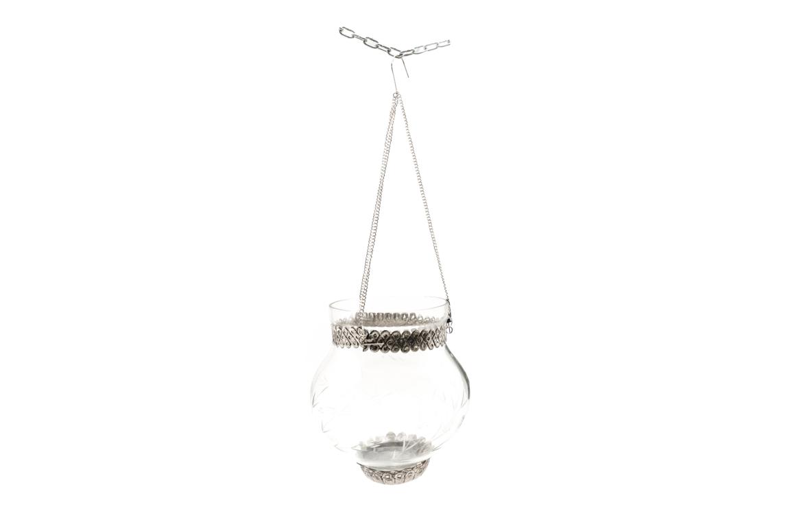 Windlichthänger XL, groß, bauchig, Gräsermuster, orientalische Optik, aus Glas und Metall, 20x20x21cm