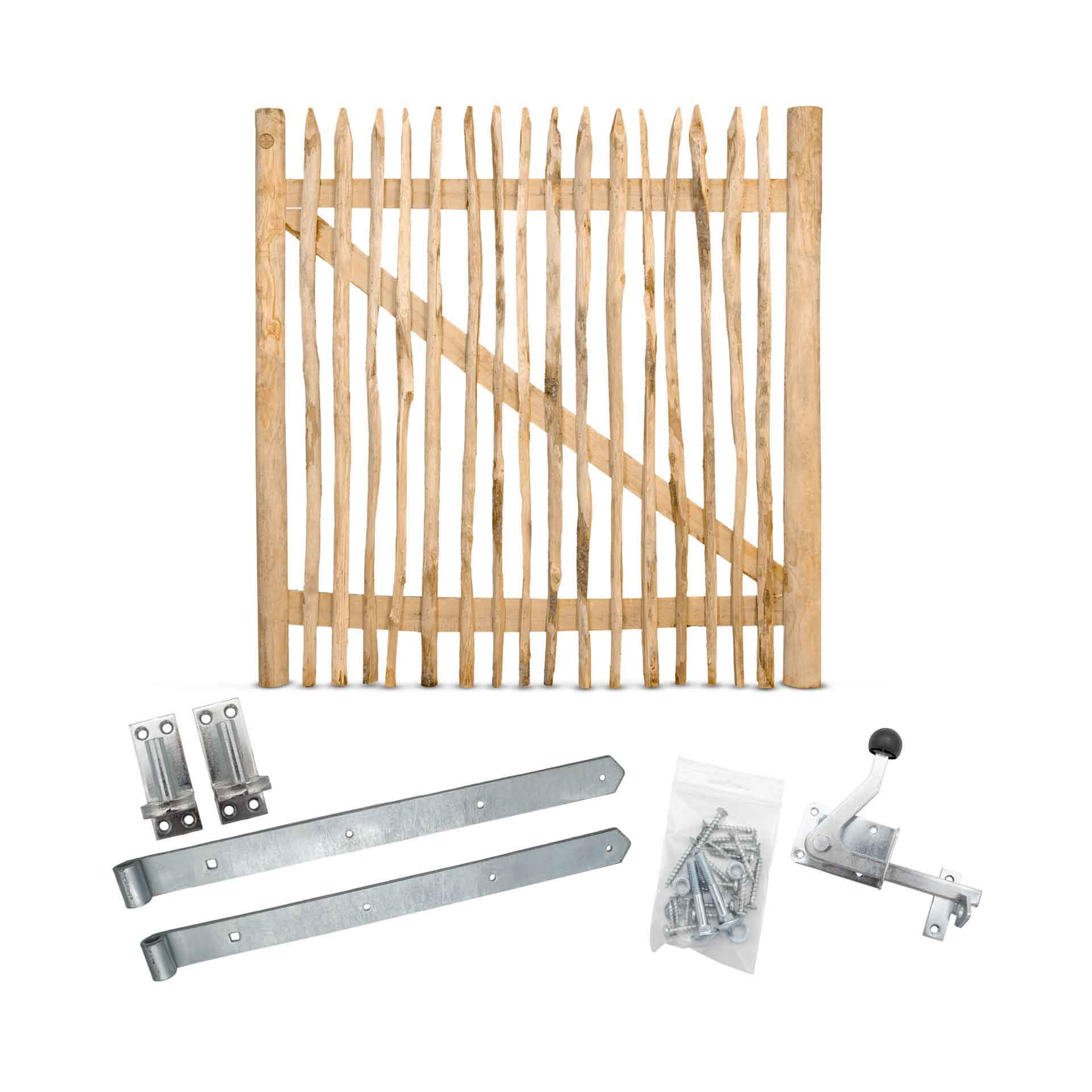 Classic Staketenzaun-Tor Set (silber) aus Edelkastanie, Breite 150 cm, Höhe 150 cm (genagelte Ausführung) Classic Staketenzaun-Tor Set (silber) aus Edelkastanie, Breite 150 cm, Höhe 150 cm (genagelte Ausführung)