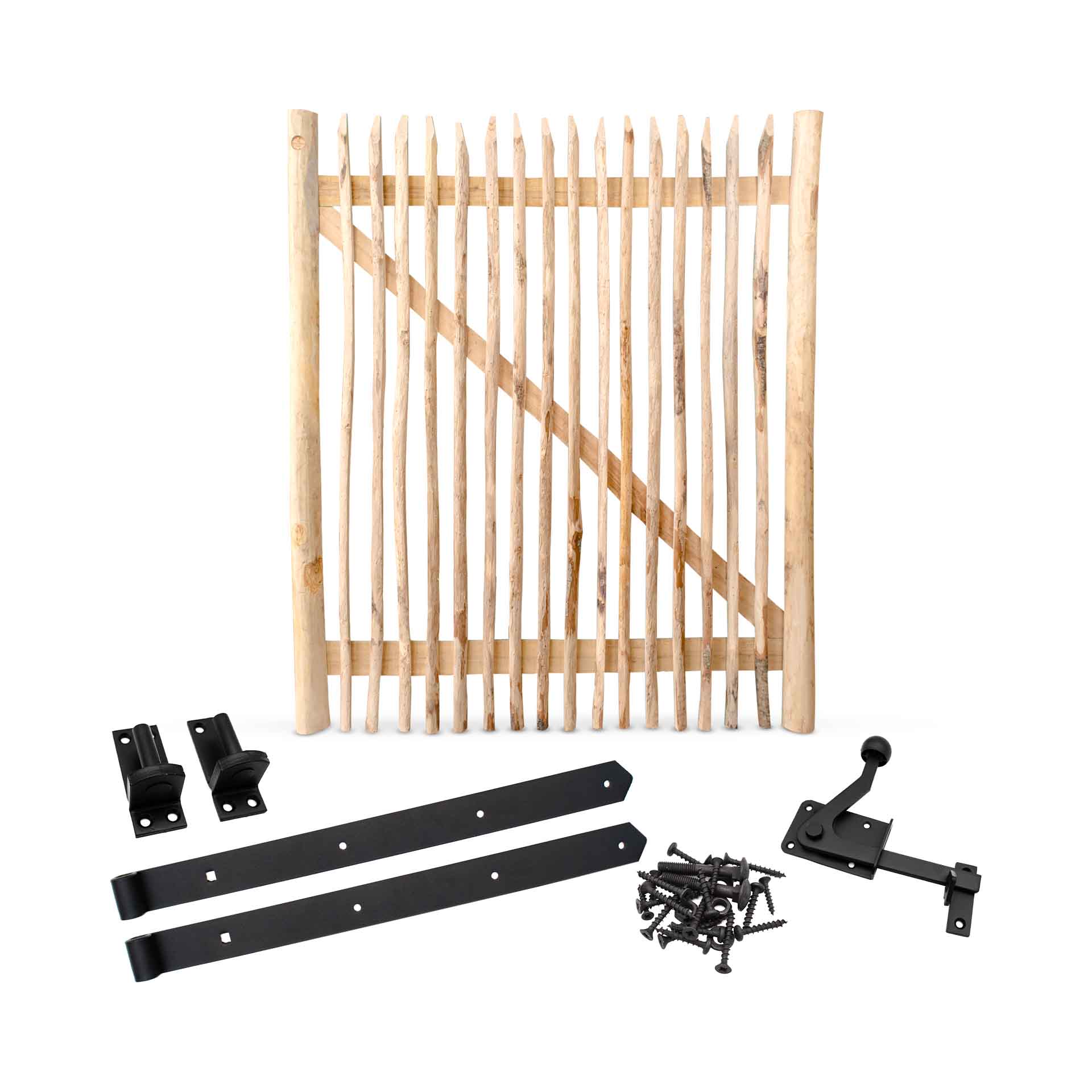 Classic Staketenzaun-Tor Set (schwarz) aus Edelkastanie, Breite 150 cm, Höhe 175 cm (genagelte Ausführung) Classic Staketenzaun-Tor Set (schwarz) aus Edelkastanie, Breite 150 cm, Höhe 175 cm (genagelte Ausführung)