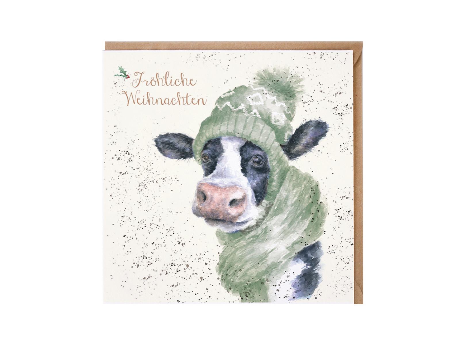 Wrendale Doppelkarte Weihnachten mit Umschlag, Fröhliche Weihnachten, Motiv Kuh mit Schal und Mütze"Moo-rry Christmas"