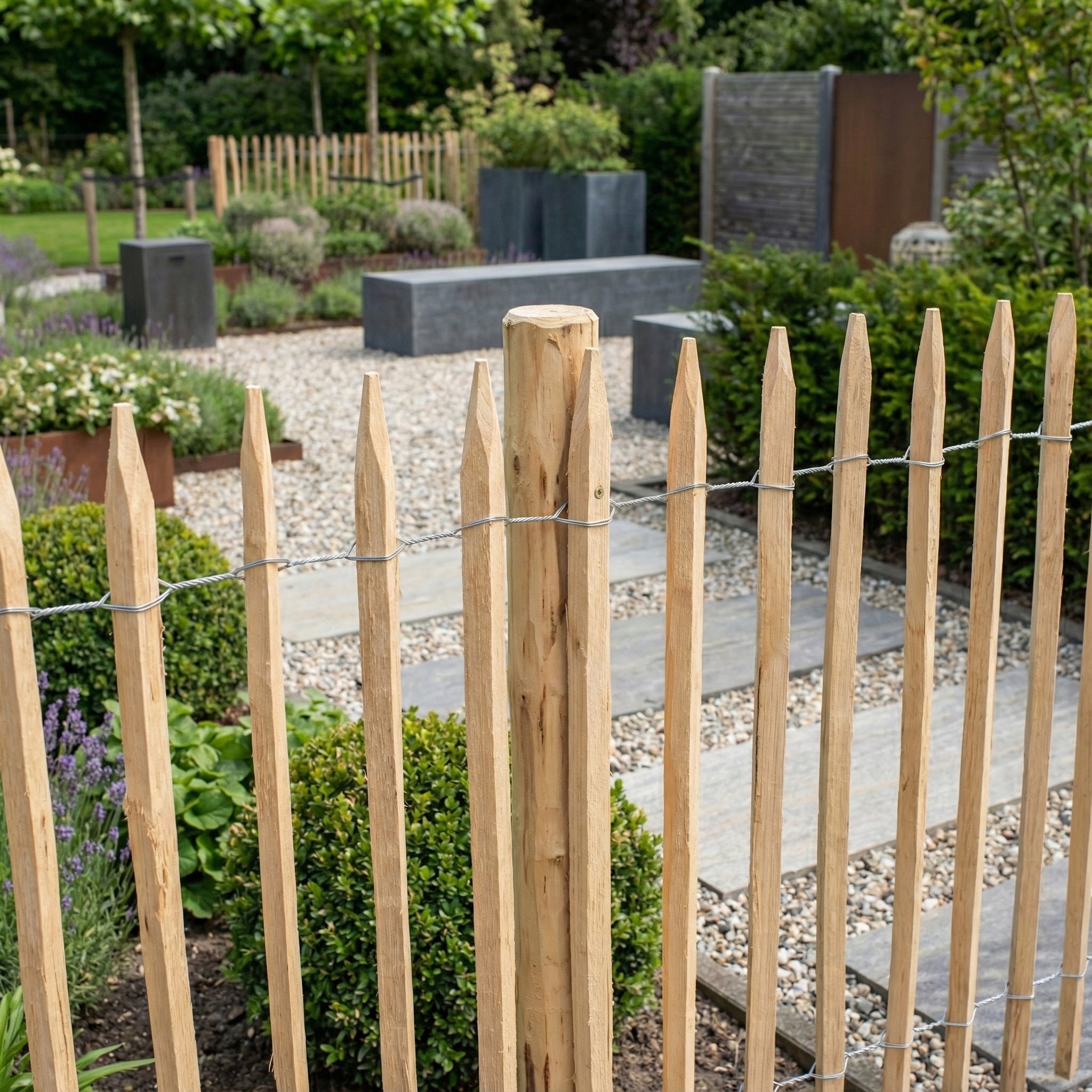 Premium Staketenzaun aus Robinie (gesägt) - Länge 5 Meter, Höhe 120 cm, Lattenabstand 6-7 cm