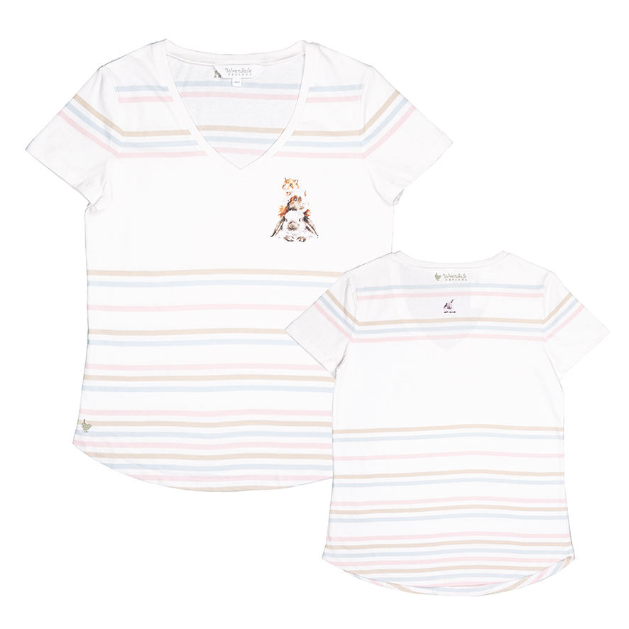 Wrendale T-shirt, wit met strepen in mint en roze, konijn/cavia/hamster-motief, verschillende maten
