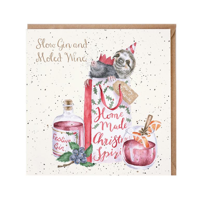 Wrendale Doppelkarte Weihnachten mit Umschlag, "Slow Gin and Moled Wine", Motiv Faultier und Maulwurf,15x15cm Wrendale Doppelkarte Weihnachten mit Umschlag, "Slow Gin and Moled Wine", Motiv Faultier und Maulwurf,15x15cm