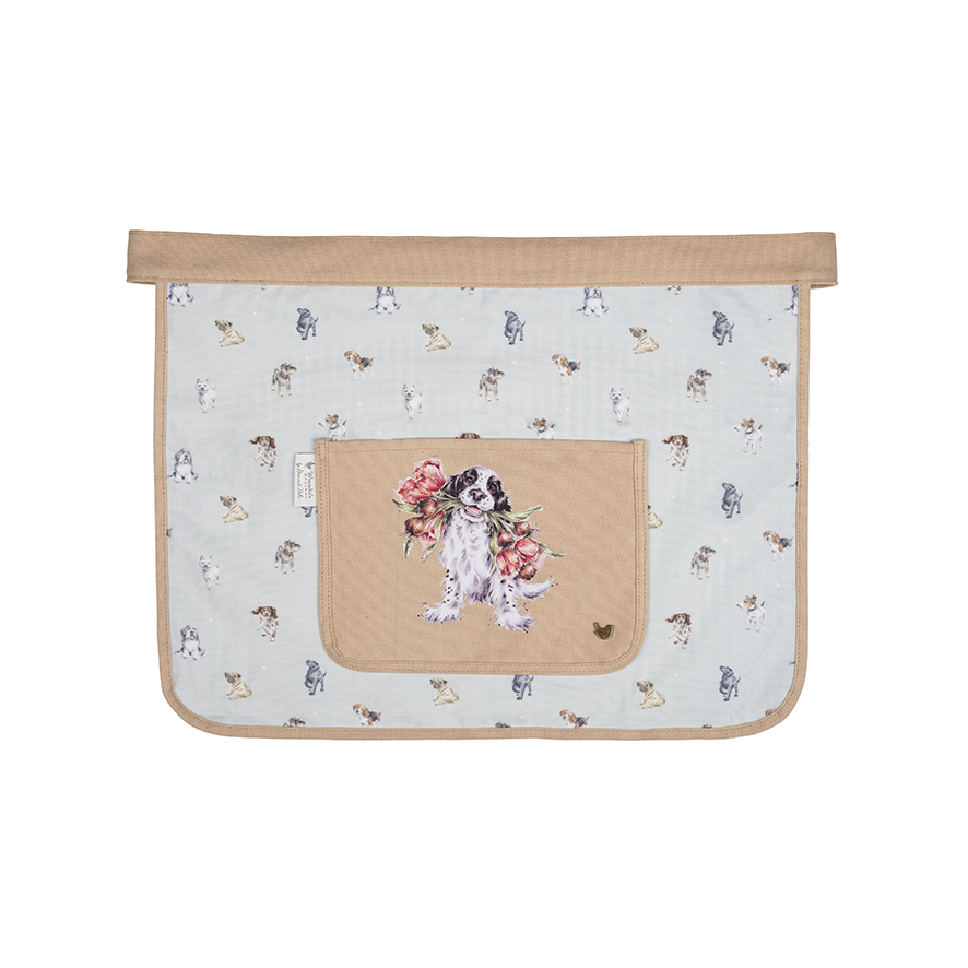 Wrendale Gartenschürze, Motiv Hund mit Blumen im Maul "Blooming with love", hellgrau/beige, 39x49cm, Gurtlänge 2,20m