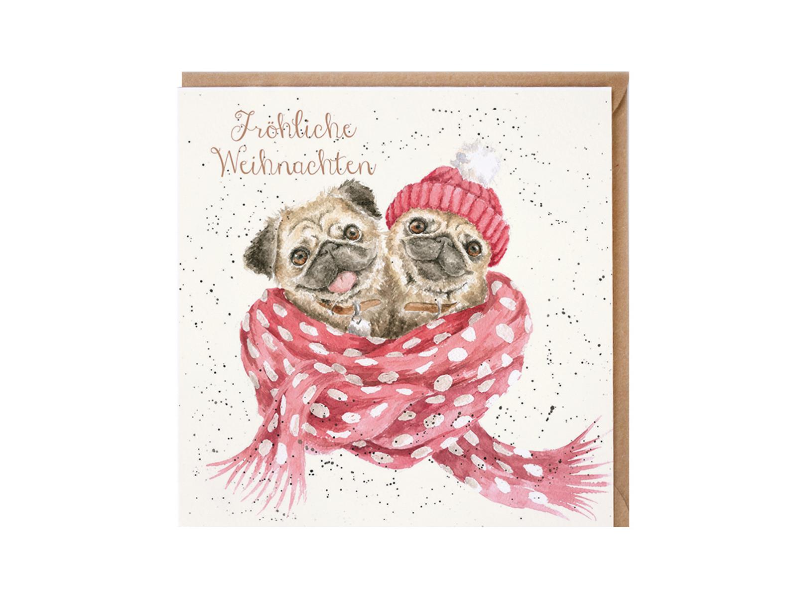 Wrendale Doppelkarte Weihnachten mit Umschlag, Fröhliche Weihnachten, Mopspaar kuschelt im Schal,15x15 cm Wrendale Doppelkarte Weihnachten mit Umschlag, Fröhliche Weihnachten, Mopspaar kuschelt im Schal,15x15 cm