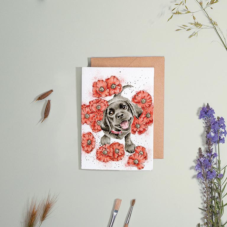Wrendale Doppelkarte mit Umschlag, Motiv Hund mit Mohnblumen, Poppy Love Wrendale Doppelkarte mit Umschlag, Motiv Hund mit Mohnblumen, Poppy Love