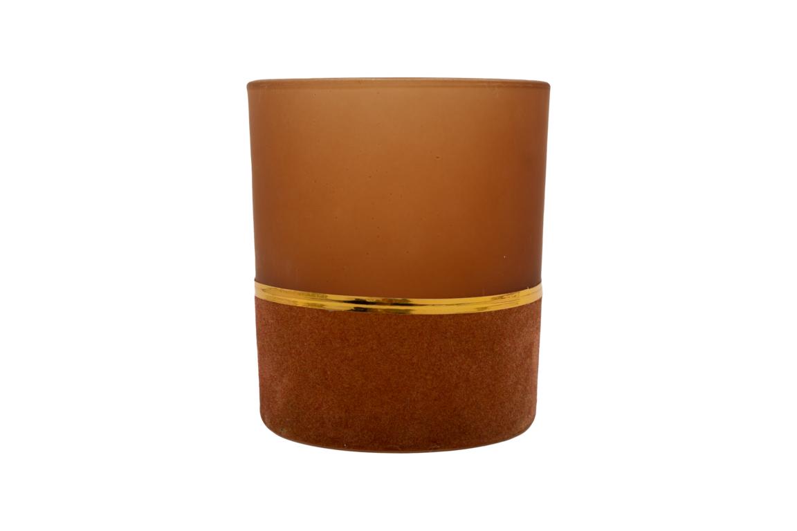 Theelichtglas, glas, roest oranje, fluweel aan de onderkant, met gouden rand, 8.5x9.5cm