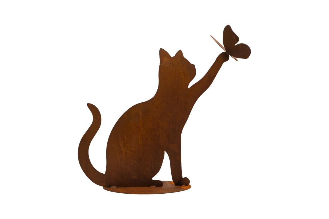Katze mit ausgestreckter Pfote und Schmetterling, auf Bodenplatte, Edelrost