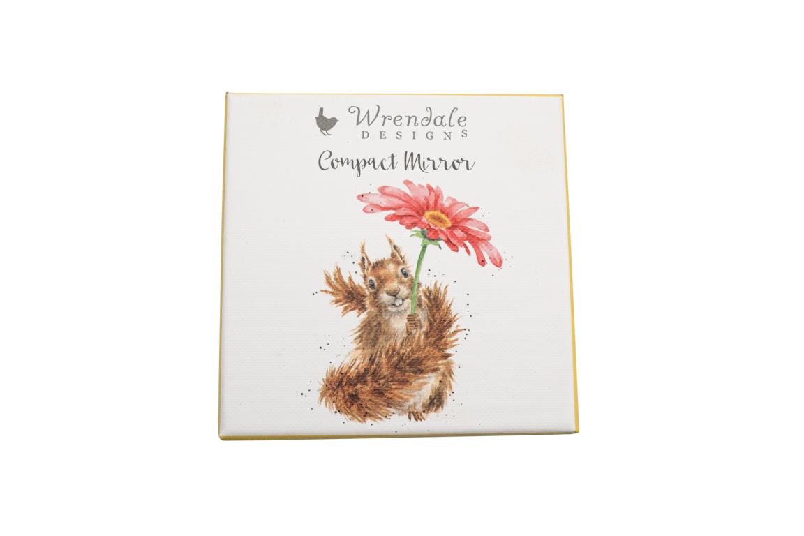 Wrendale Taschenspiegel zum klappen in Geschenkschachtel, Motiv Eichhörnchen hält Blume in Pfoten, gelb,7x7cm
