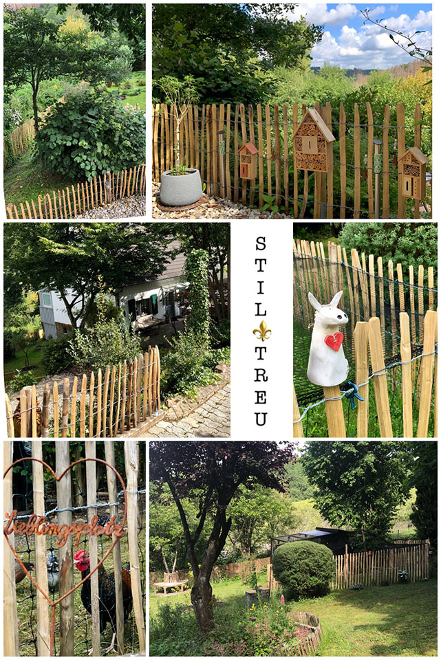 2611-1540 Staketenzaun Collage mit Zaunhocker und Edelrostdekoration