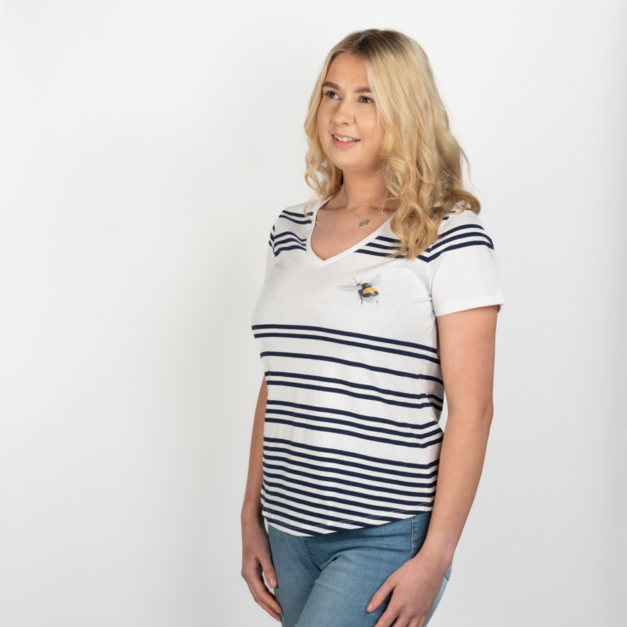 Wrendale T-Shirt, weiß mit Streifen in dunkelblau, Motiv Hummel, Large