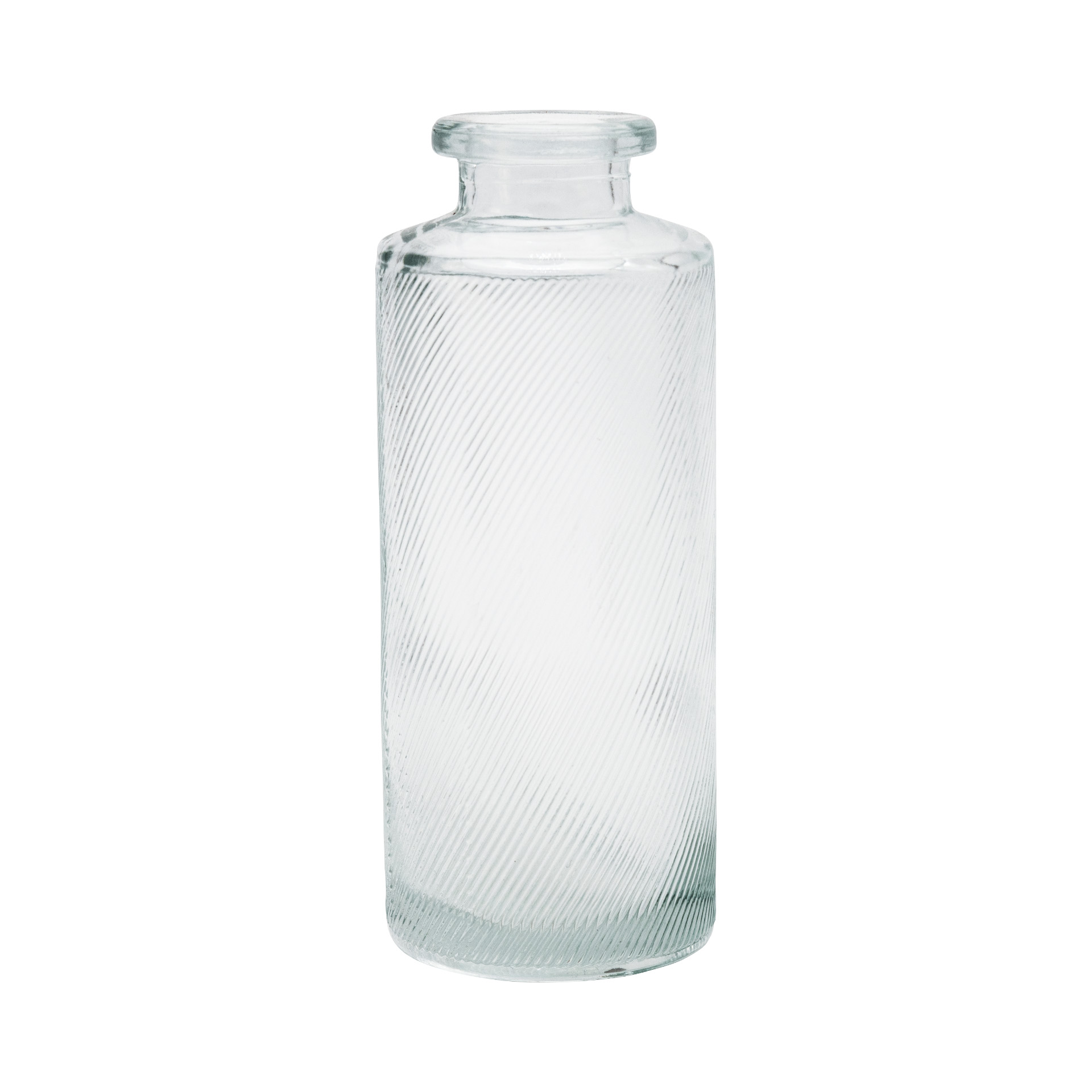 Vase/Flasche klein, Glas, kleine Öffnung, feine Rillen, Handgefertigt, 13,5x5,5cm