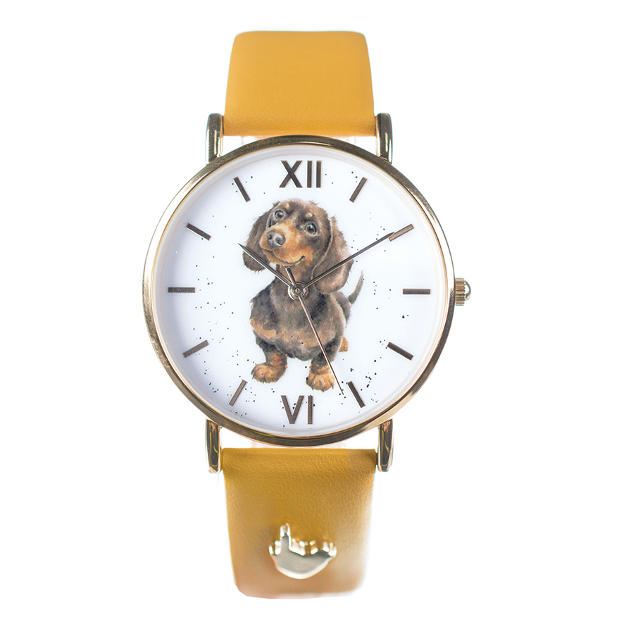 Wrendale Armbanduhr mit gelbem Lederarmband, Motiv Dackel, in Geschenkkarton