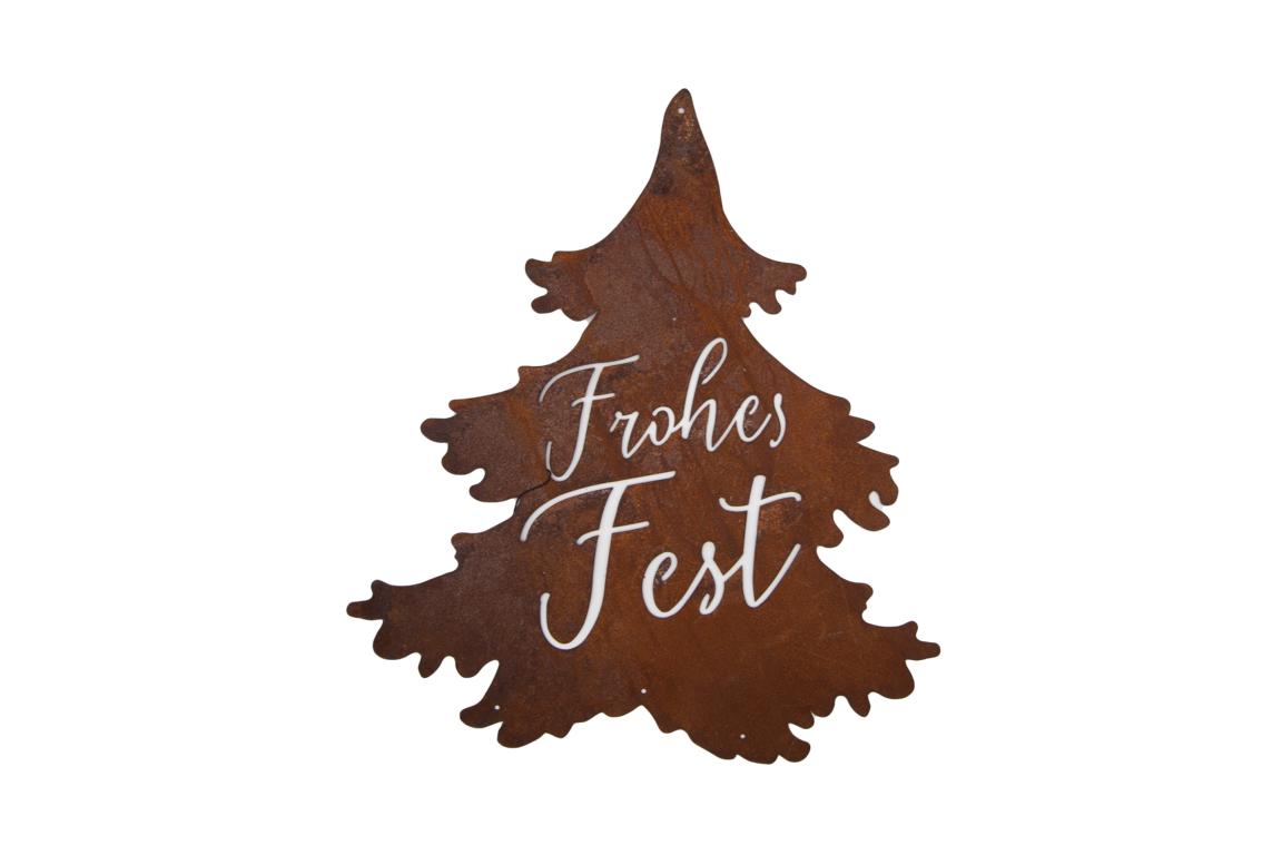 Weihnachtsbaum zum Hängen "Frohes Fest", Edelrost 45x40cm Weihnachtsbaum zum Hängen "Frohes Fest", Edelrost 45x40cm