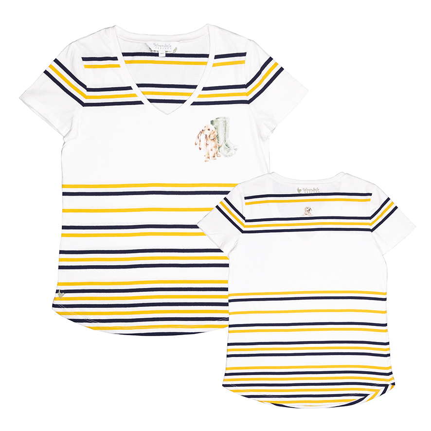 Wrendale T-shirt, wit met strepen in geel en donkerblauw, motief hond puppy met riem in bek, Extra Large Wrendale T-shirt, wit met strepen in geel en donkerblauw, motief hond puppy met riem in bek, Extra Large