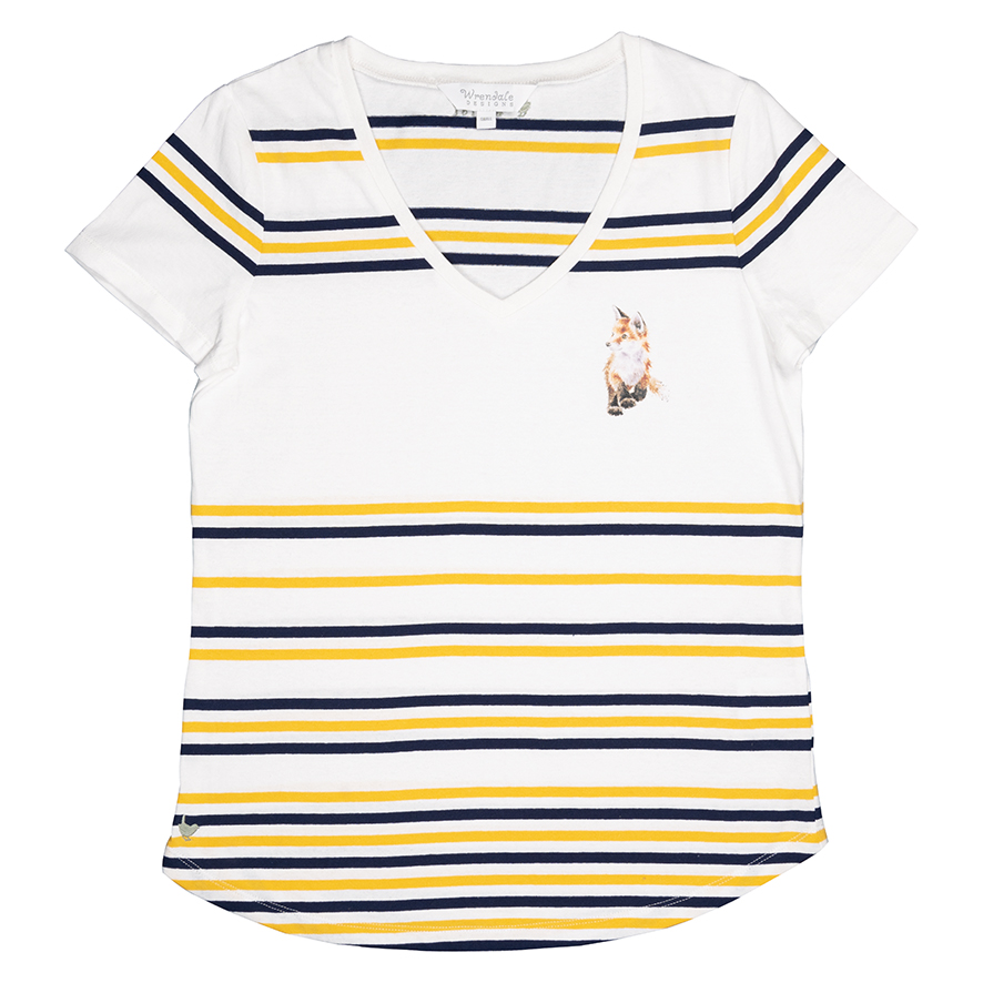 Wrendale T-Shirt, weiß mit Streifen in gelb und dunkelblau, Motiv Fuchswelpe, verschiedene Größen Large Wrendale T-Shirt, weiß mit Streifen in gelb und dunkelblau, Motiv Fuchswelpe, verschiedene Größen Large