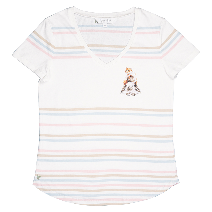 Wrendale T-Shirt, weiß mit Streifen in mint und rosa, Motiv Hase/Meerschweinchen/Hamster, Large