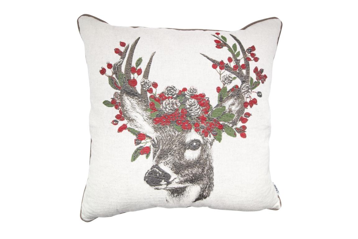 Wendekissenhülle Enie Gundula G,  mit Paspel, Motiv Hirsch mit roten Beeren im Geweih, 60x60 cm