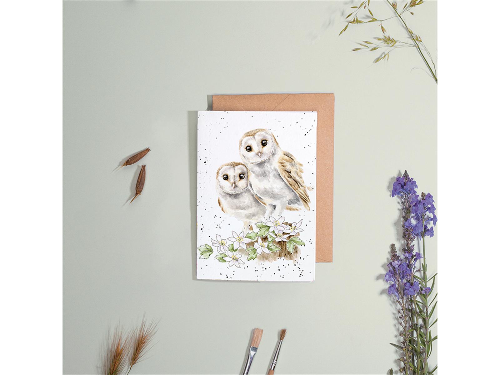 Wrendale Doppelkarte mit Umschlag, Motiv Eulenpaar  mit Blumen, Hooting for you