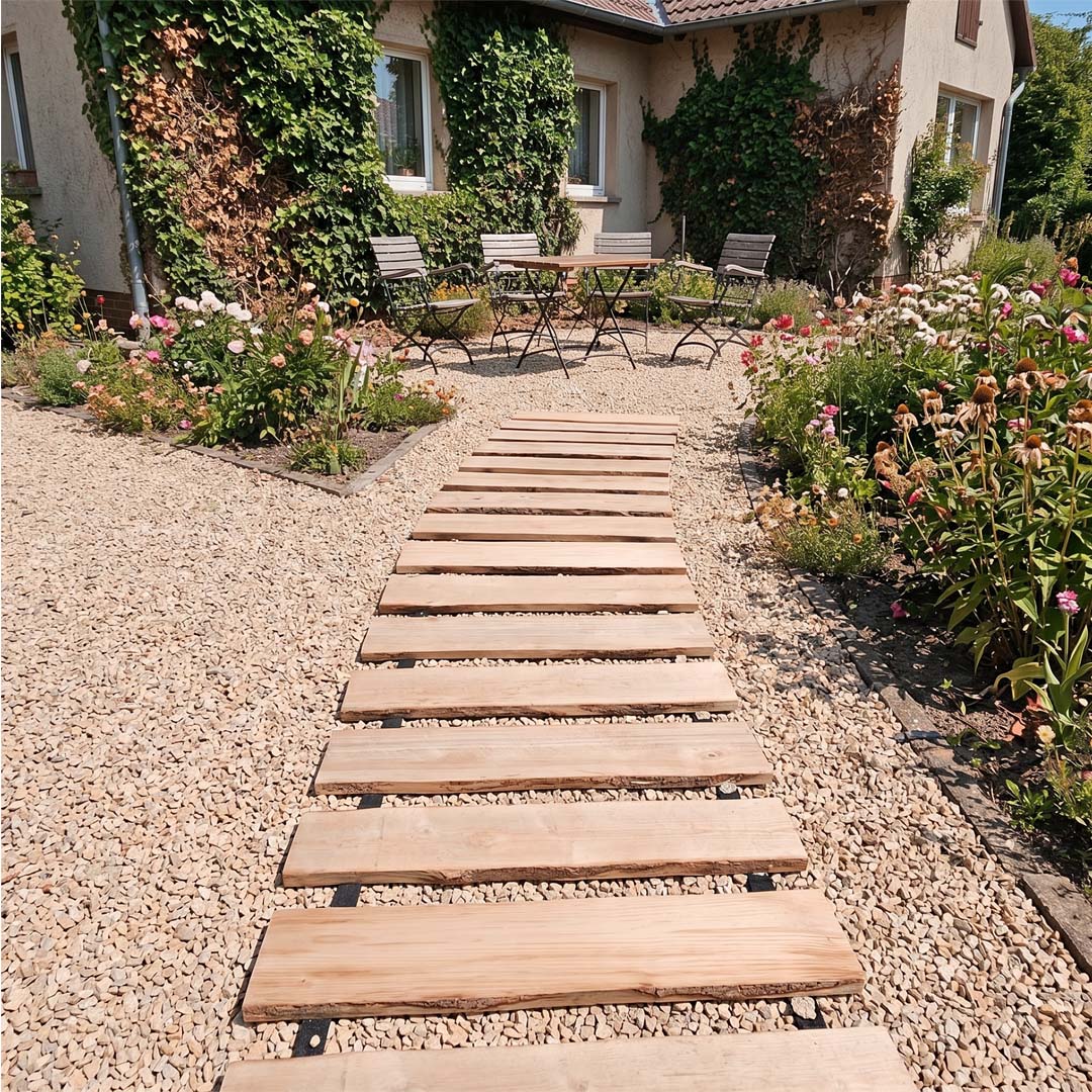 Rollweg, Gartenweg aus Hartholz (gesägte Bohlen), Edelkastanie - Länge 2,5 Meter, versch. Variationen Rollweg, Gartenweg aus Hartholz, Edelkastanie - Länge 2,5 Meter, Breite 60 cm, Abstand ca. 8 cm
