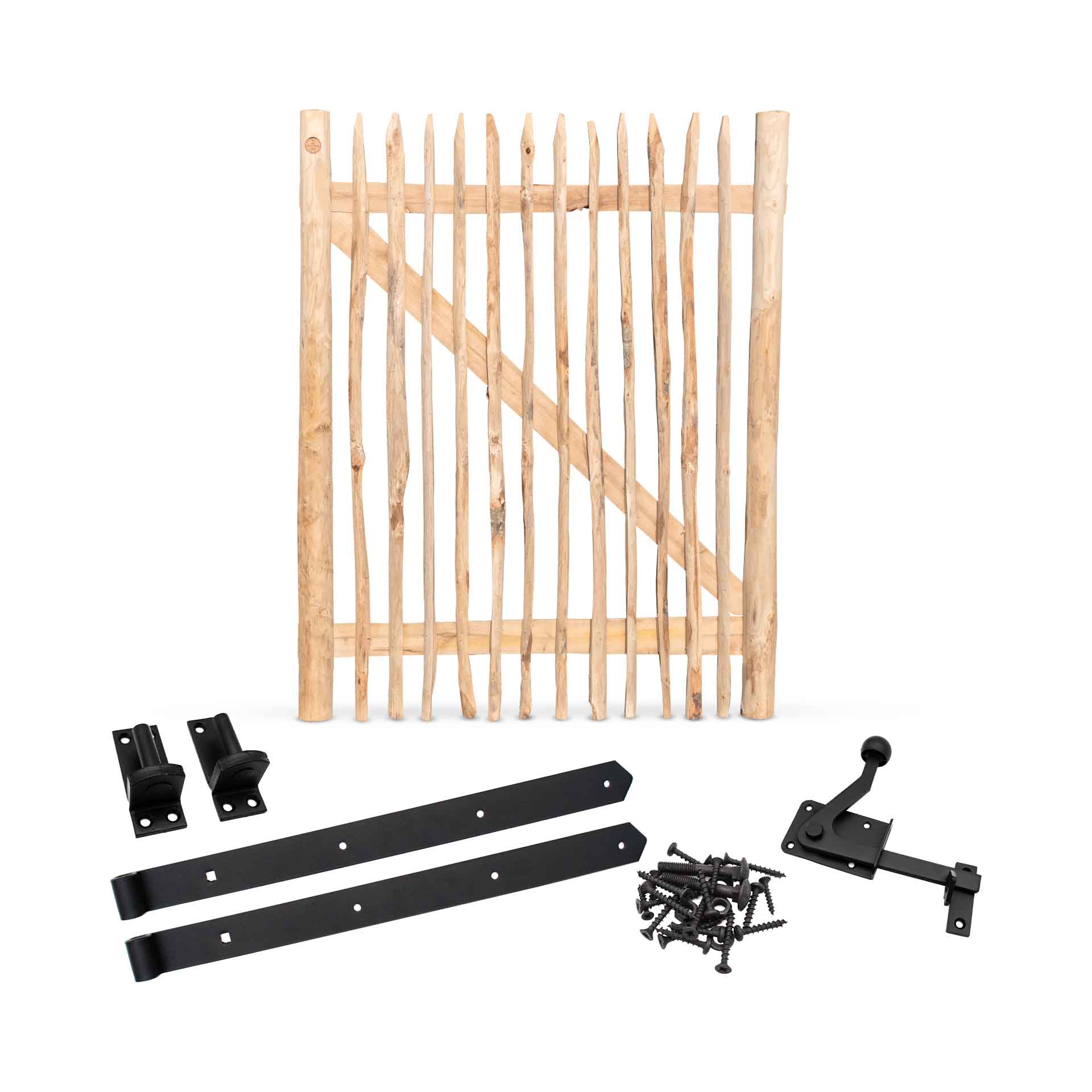 Classic Staketenzaun-Tor Set (schwarz) aus Edelkastanie, Breite 120 cm, Höhe 150 cm (genagelte Ausführung) Classic Staketenzaun-Tor Set (schwarz) aus Edelkastanie, Breite 120 cm, Höhe 150 cm (genagelte Ausführung)