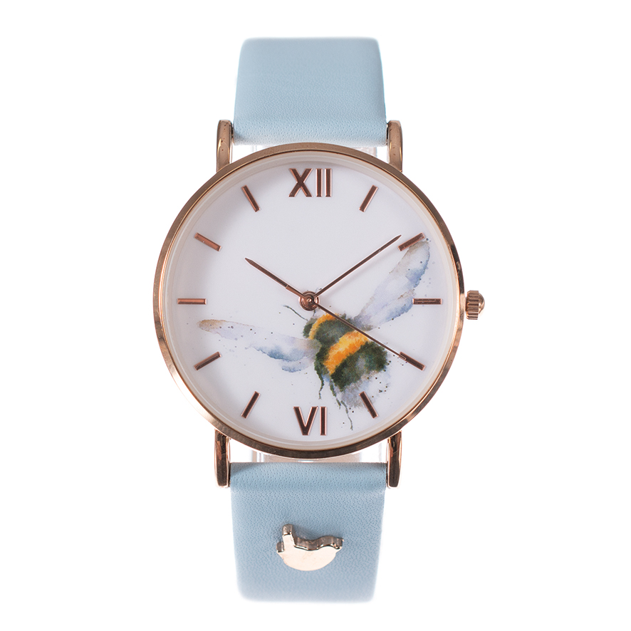 Wrendale Armbanduhr mit blauem Lederarmband, Motiv fliegende Hummel, in Geschenkkarton