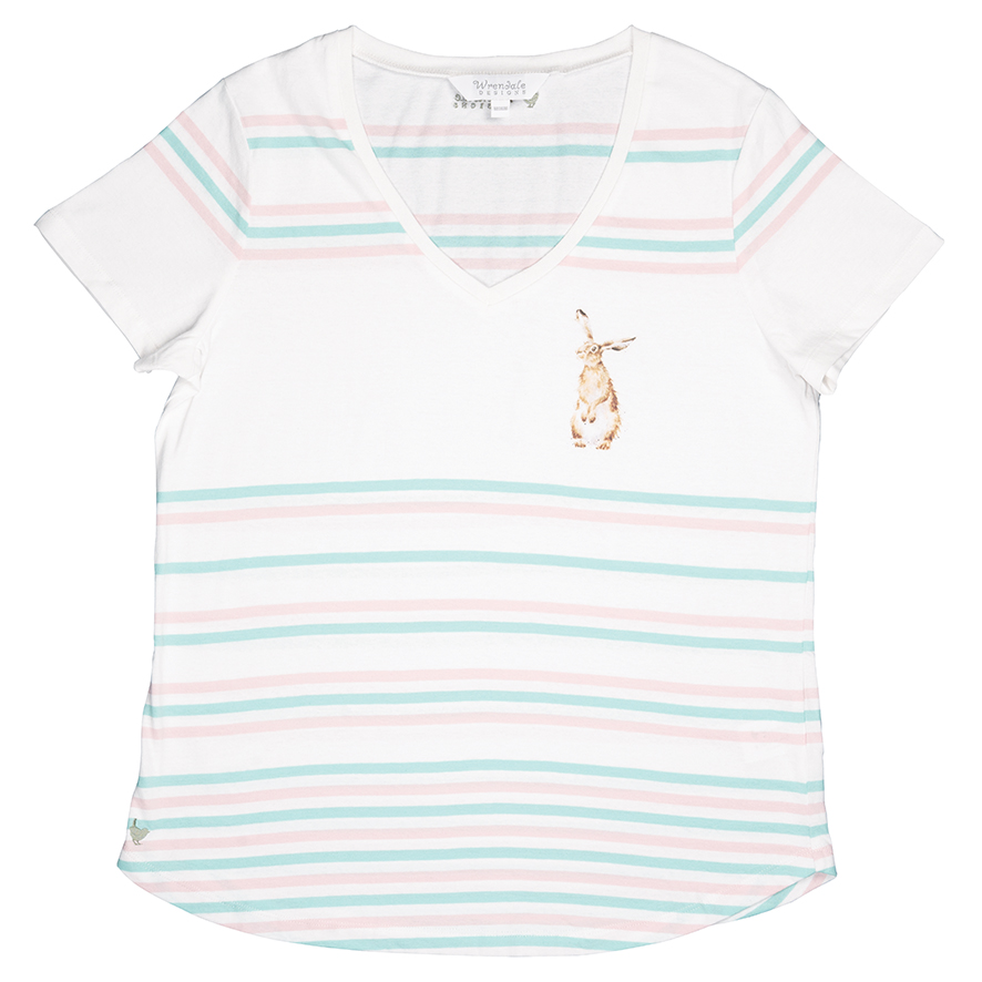 Wrendale T-shirt, wit met strepen in mint en roze, motief konijntje maakt mannetje, verschillende maten