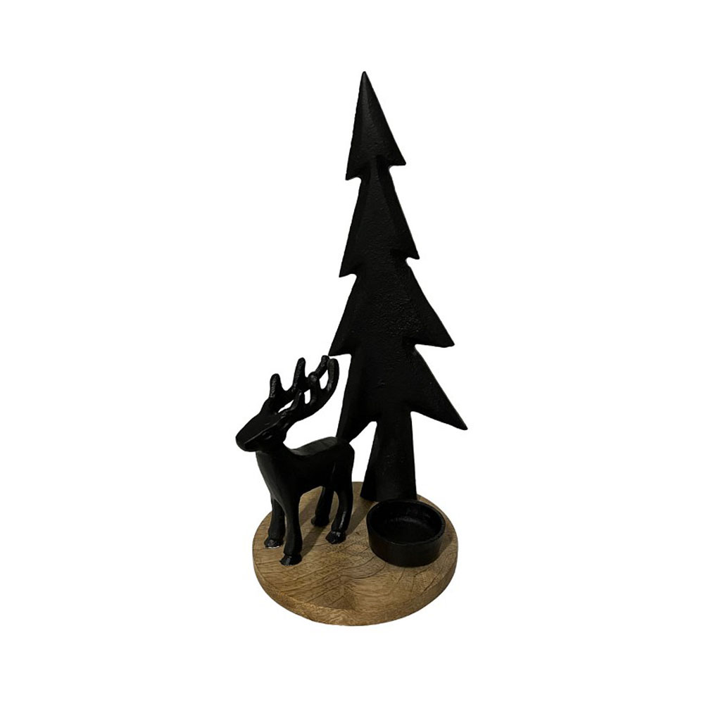 Teelichthalter mit Hirsch, auf Holzplatte, Schwarz