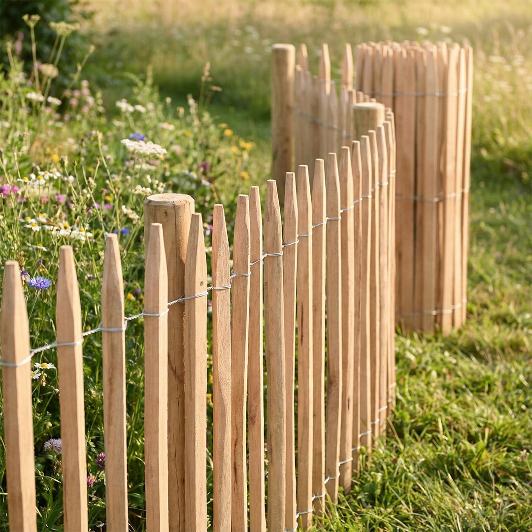 robinie_geschliffen_action_3.jpg Premium Staketenzaun aus Robinie (geschliffen) - Länge 5 Meter, Höhe 120 cm, Lattenabstand 4-5 cm