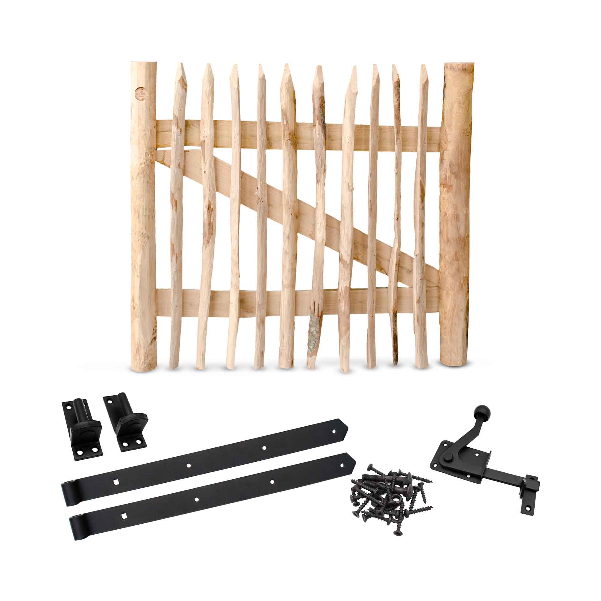 Staketenzaun-Tor Set (schwarz) aus Edelkastanie, Breite 100 cm, Höhe 90 cm (genagelte Ausführung)