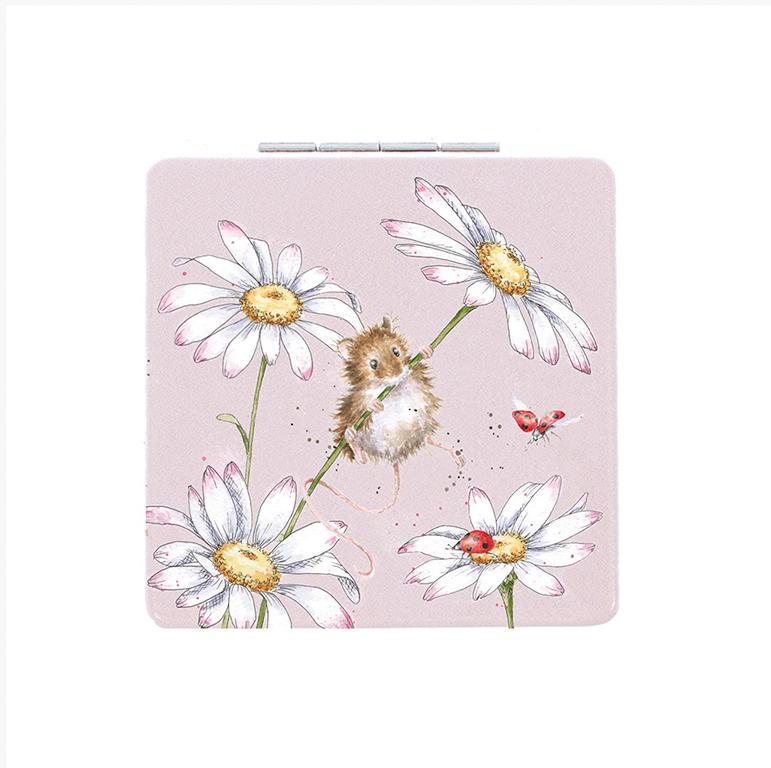 Wrendale Taschenspiegel zum klappen in Geschenkschachtel, Motiv Maus hängt an Blume, weiß/rosa, 7x7cm