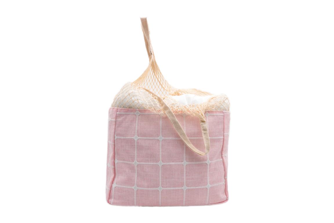 Beuteltasche/Strandbeutel, aus Stoff, obere Hälfte Netz, natur/rosa, 40x30cm