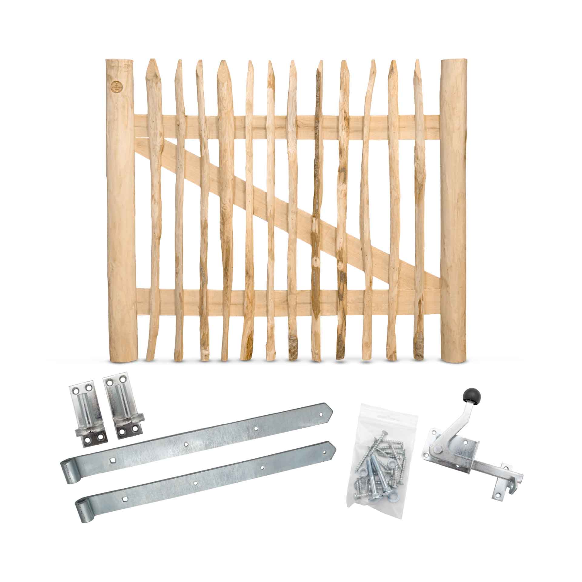Staketenzaun-Tor Set (silber) aus Edelkastanie, Breite 120 cm, Höhe 100 cm (genagelte Ausführung)