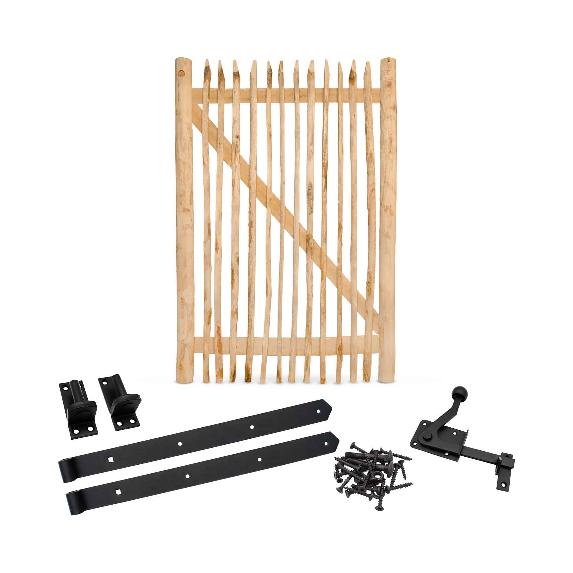 Classic Staketenzaun-Tor Set (schwarz) aus Edelkastanie, Breite 120 cm, Höhe 175 cm (genagelte Ausführung) Classic Staketenzaun-Tor Set (schwarz) aus Edelkastanie, Breite 120 cm, Höhe 175 cm (genagelte Ausführung)