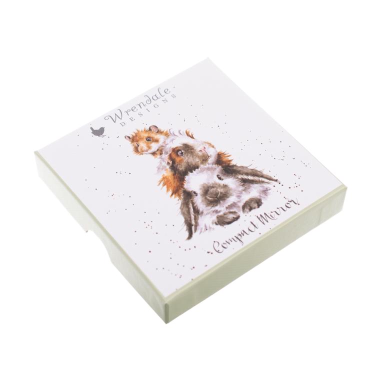 Wrendale Taschenspiegel zum klappen in Geschenkschachtel, Motiv Hase Meerschweinchen und Hamster, mintgrün,7x7cm