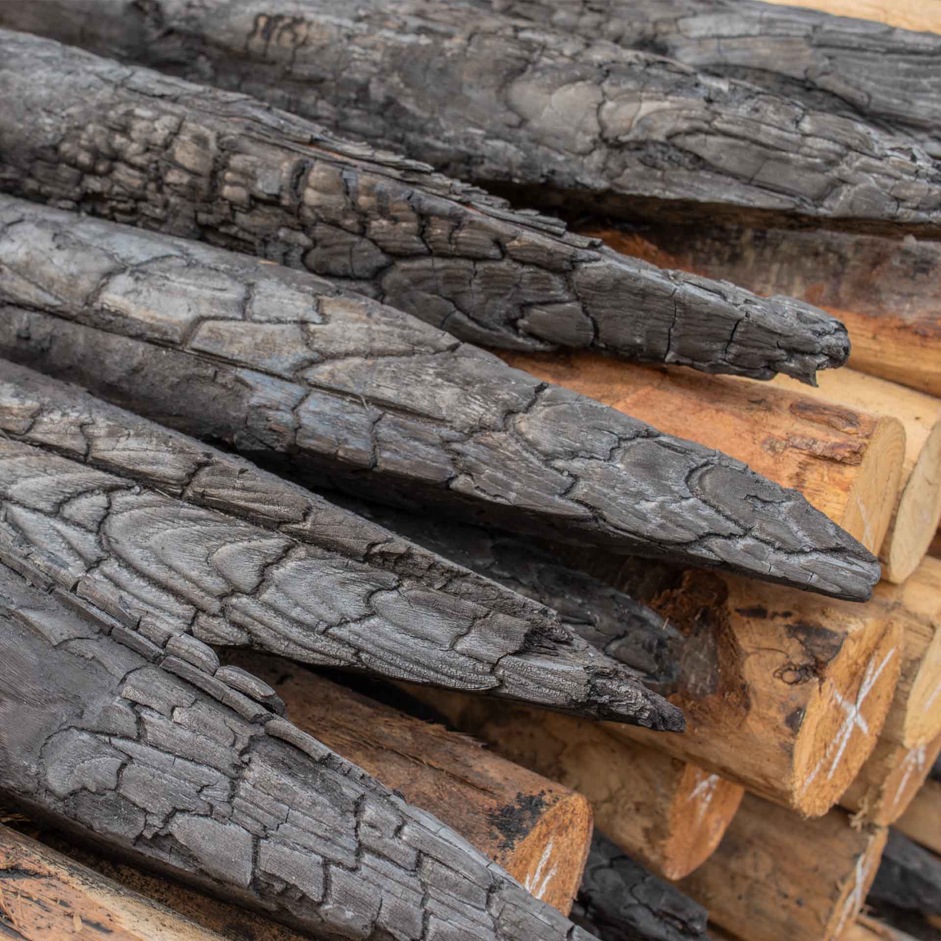 Yakisugi Pfähle, geflammt, aus Kastanie, 180 cm Länge, Durchmesser 6-8 cm Yakisugi Pfähle, geflammt, aus Kastanie, 180 cm Länge, Durchmesser 6-8 cm