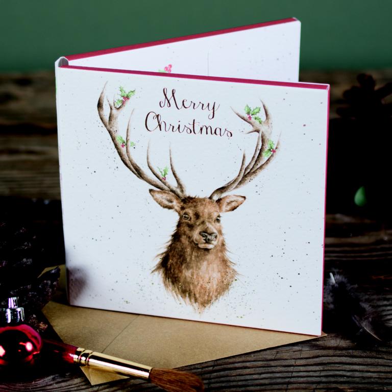 Wrendale Weihnachtskarten Set Merry Christmas, Motiv Hirsch, 8 Karten mit Umschlag und Text, 12x12 cm