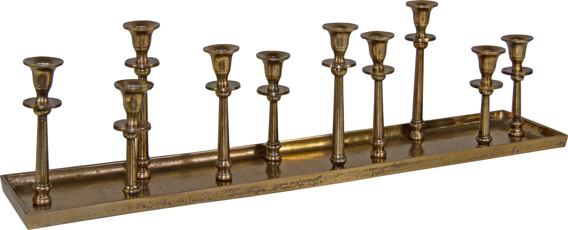 Kerzenständer, Tablett mit 10 Leuchtern in verschiedenen Höhen, für Stabkerzen, Antike Optik, gold, 89x17x25cm