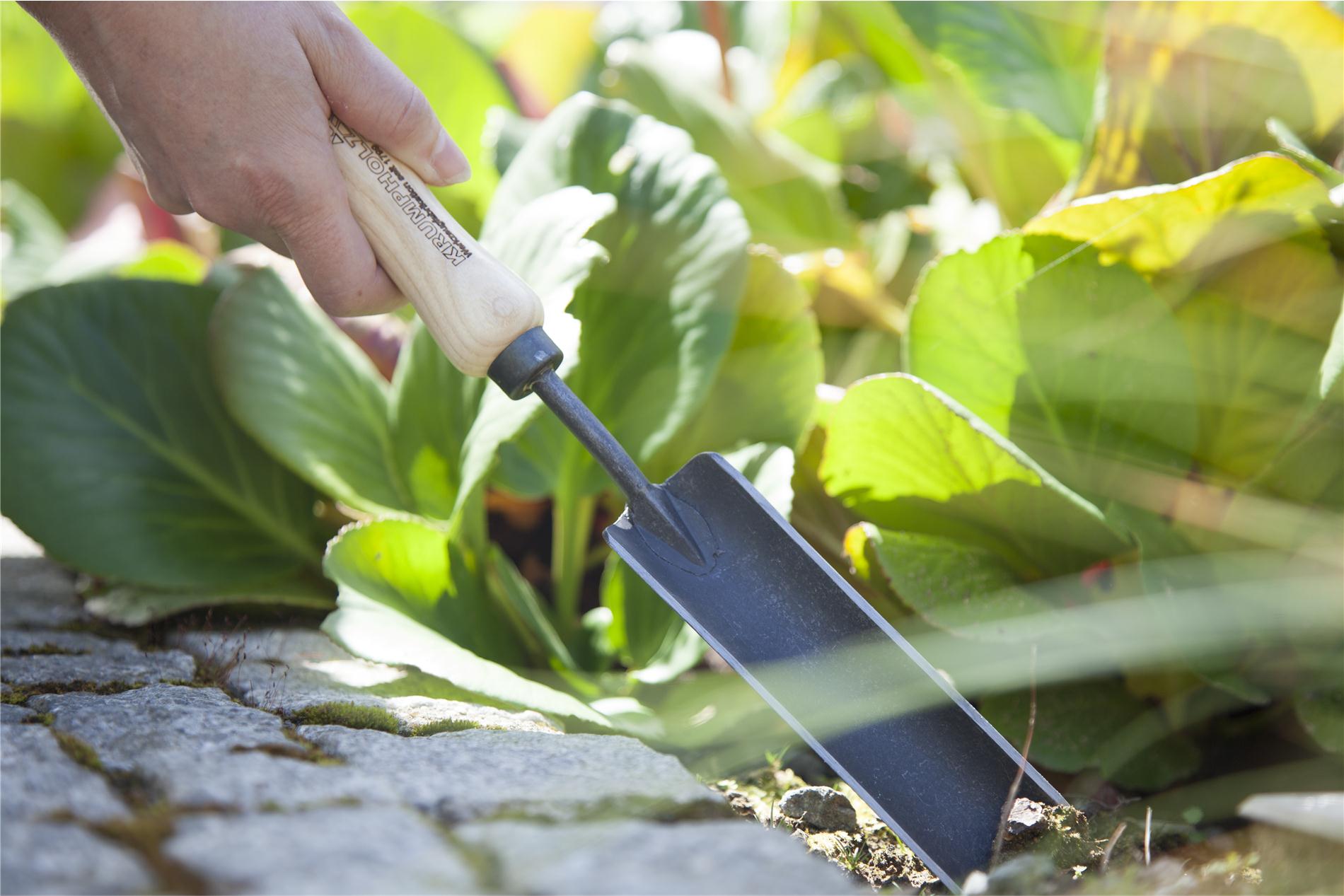 Krumpholz smalle plantspaan, met ronde snijkant (gesmede versie) met essenhouten handvat