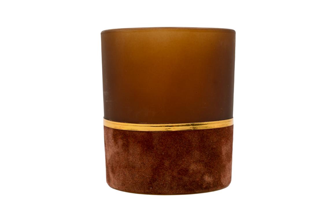 Teelichtglas, Glas, rotbraun , Samt im unteren Bereich, mit Goldrand, 8,5x9,5cm