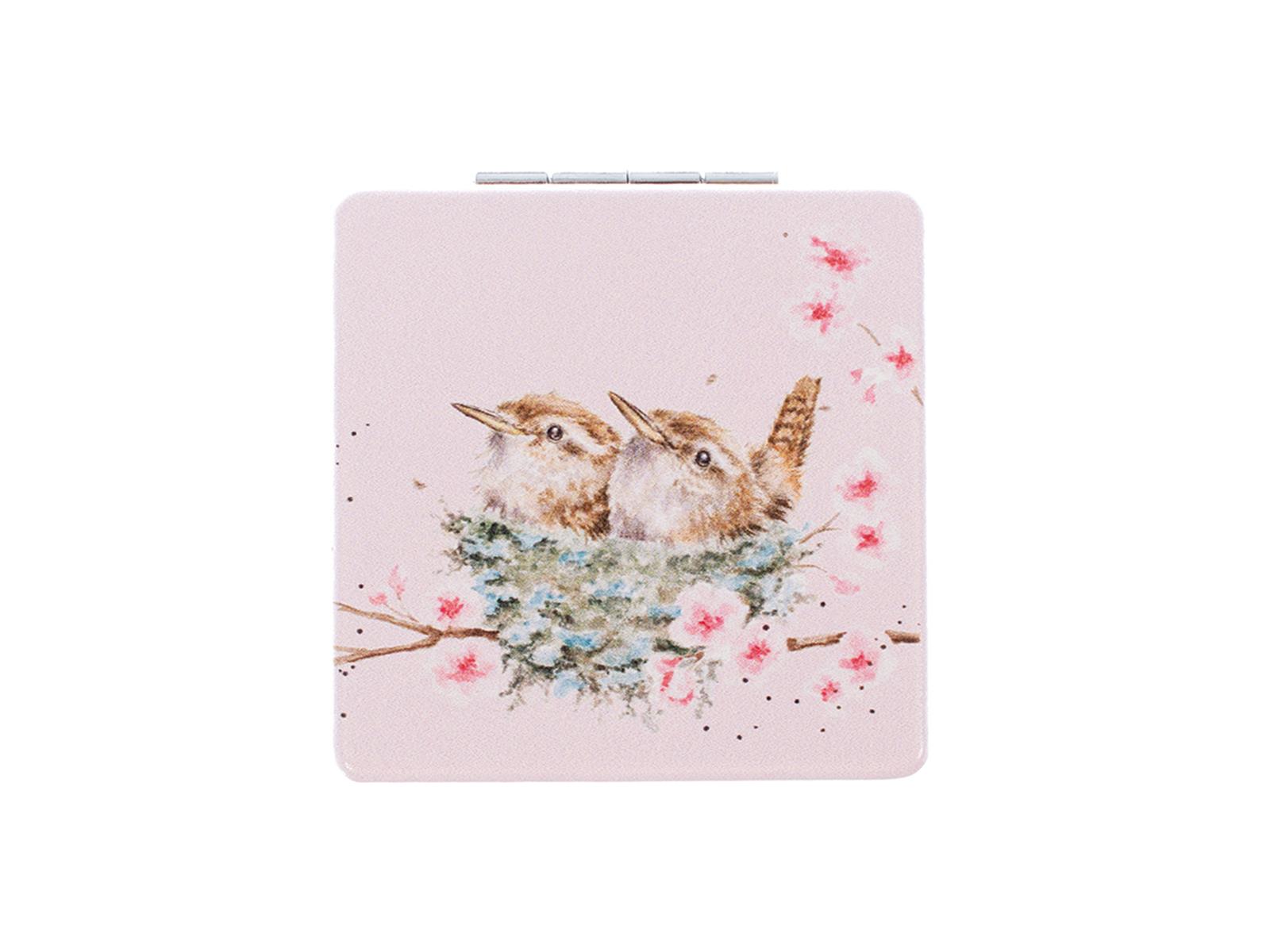 Wrendale Taschenspiegel zum klappen in Geschenkschachtel, Motiv Vogelpaar im Nest, rosa,7x7cm