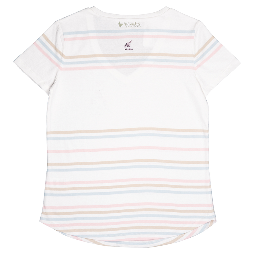 Wrendale T-Shirt, weiß mit Streifen in mint und rosa, Motiv Hase/Meerschweinchen/Hamster, Small Wrendale T-Shirt, weiß mit Streifen in mint und rosa, Motiv Hase/Meerschweinchen/Hamster, Small