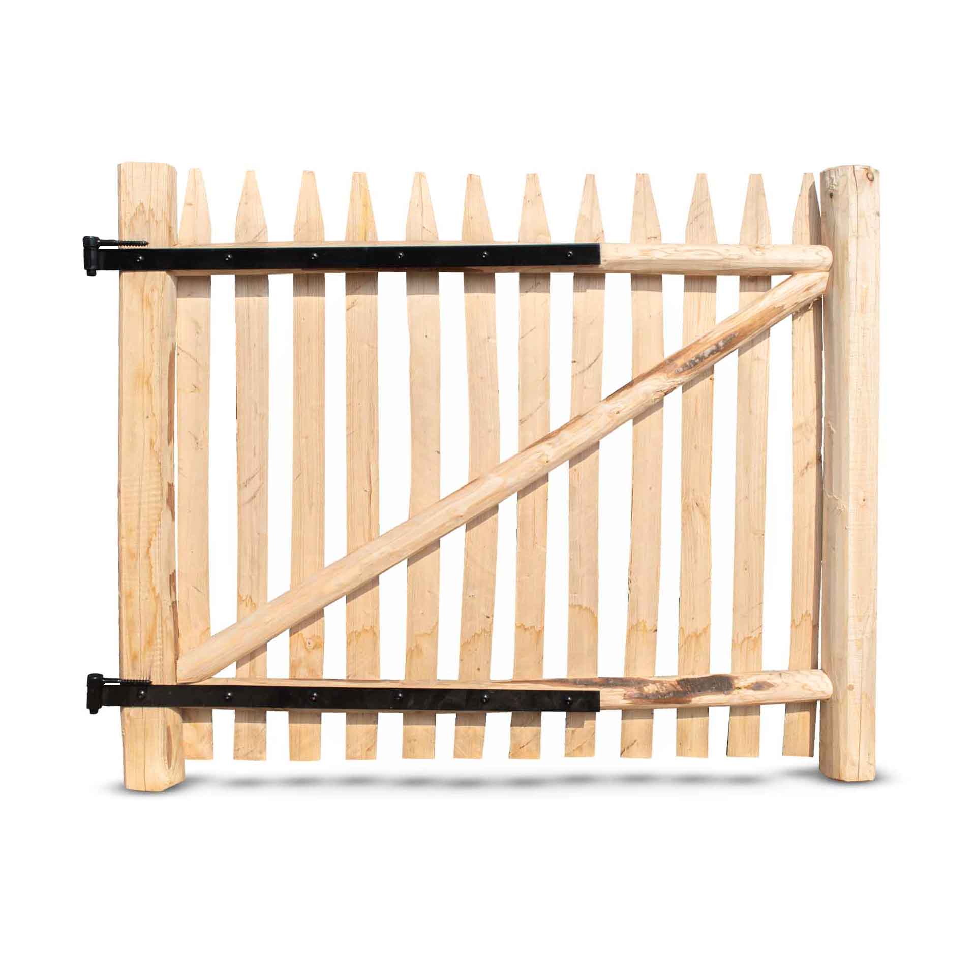 Premium Staketenzaun-Tor aus Edelkastanie, Breite 120 cm, Höhe 100 cm (gezapft und geschraubt) inkl. Beschläge, vormontiert