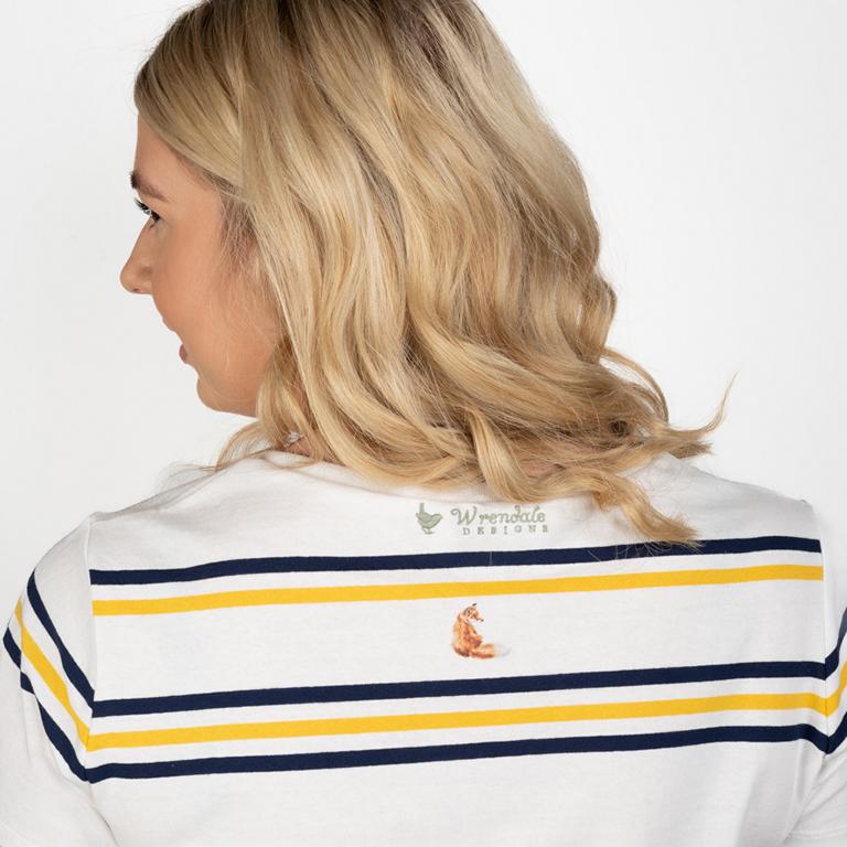 Wrendale T-Shirt, weiß mit Streifen in gelb und dunkelblau, Motiv Fuchswelpe, verschiedene Größen Medium